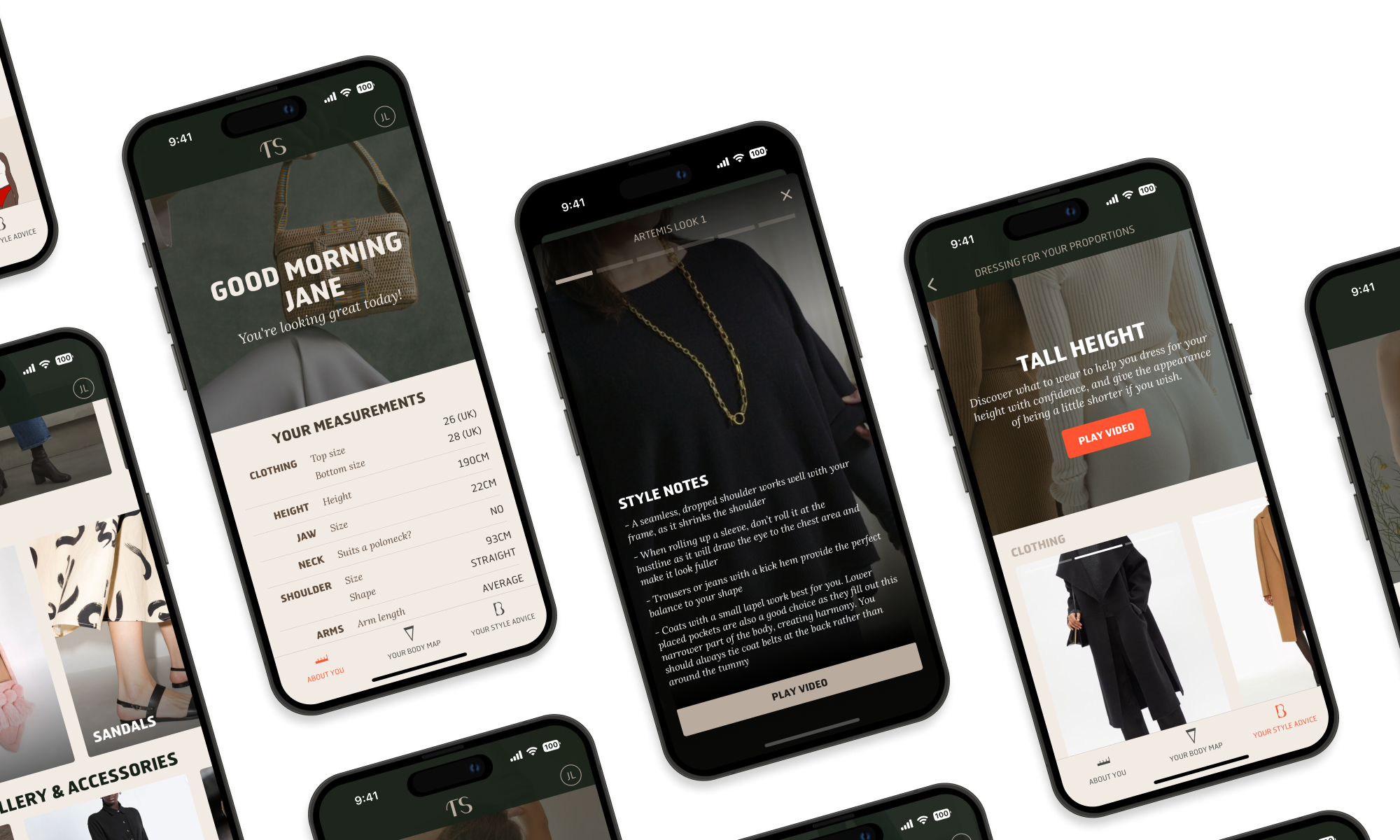 Scattered iPhone mockups displaying various screens of the Think Shape app