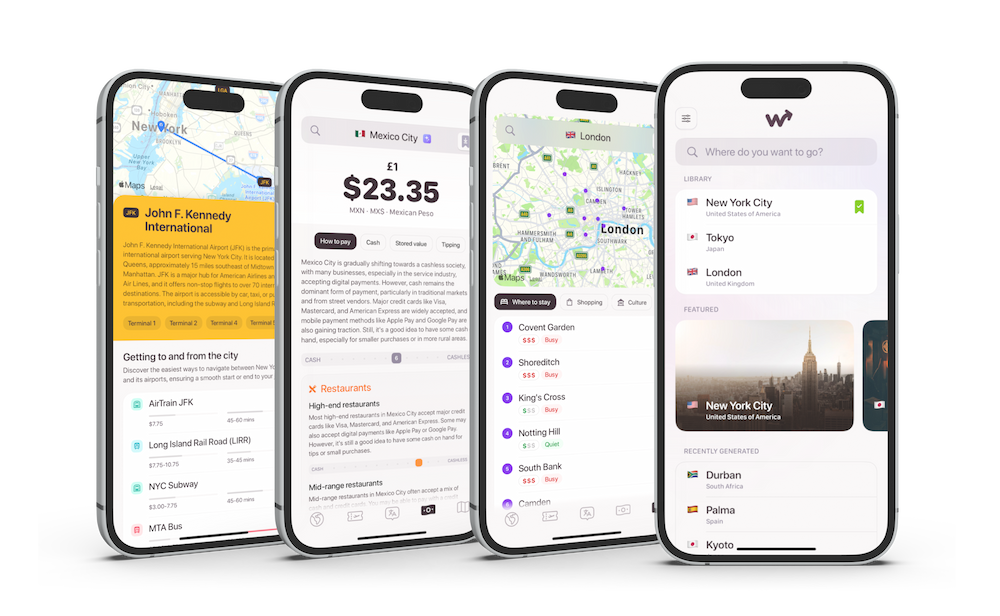 Three mobile phone mockups with Waywise travel app displayed