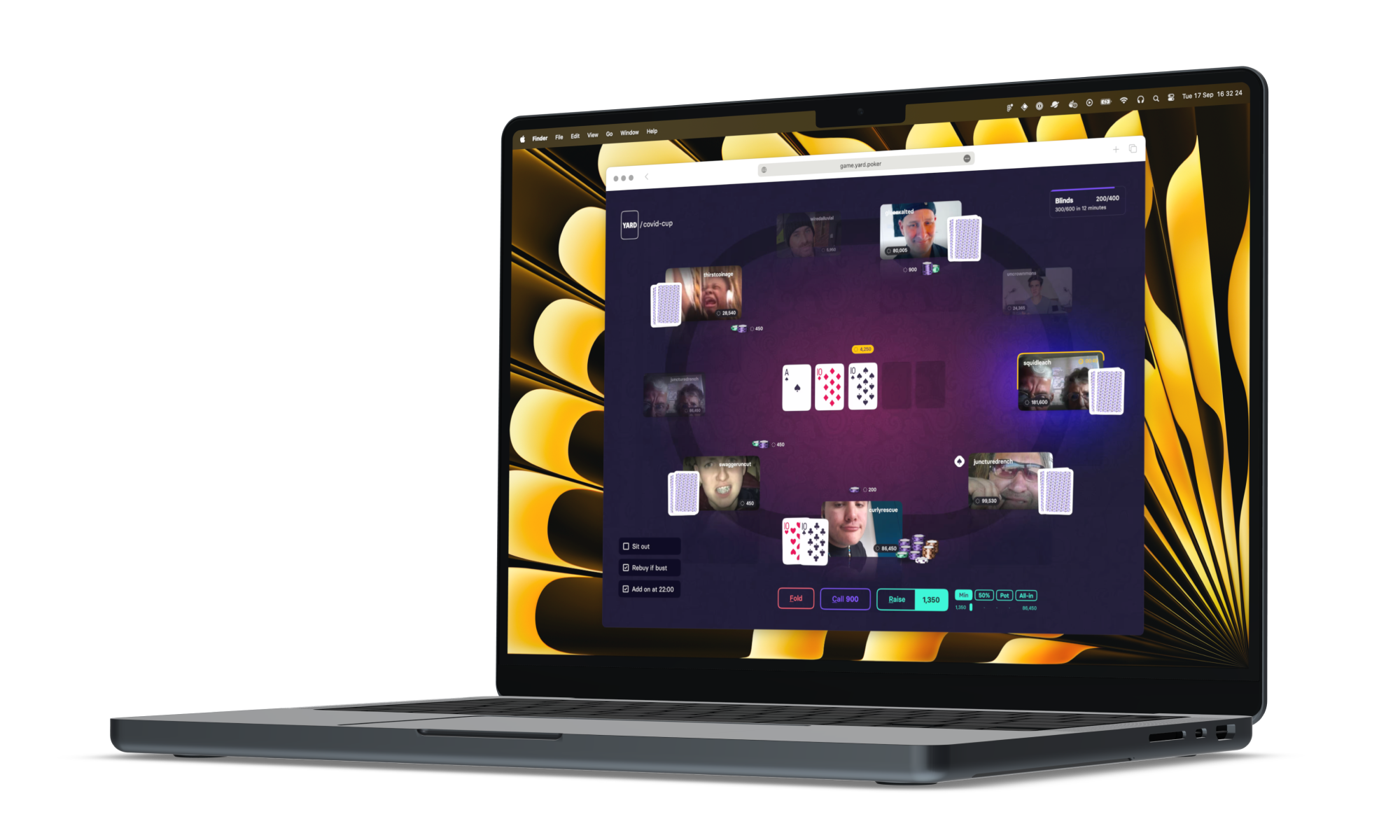 Mockup of a laptop displaying the Yard Poker web app